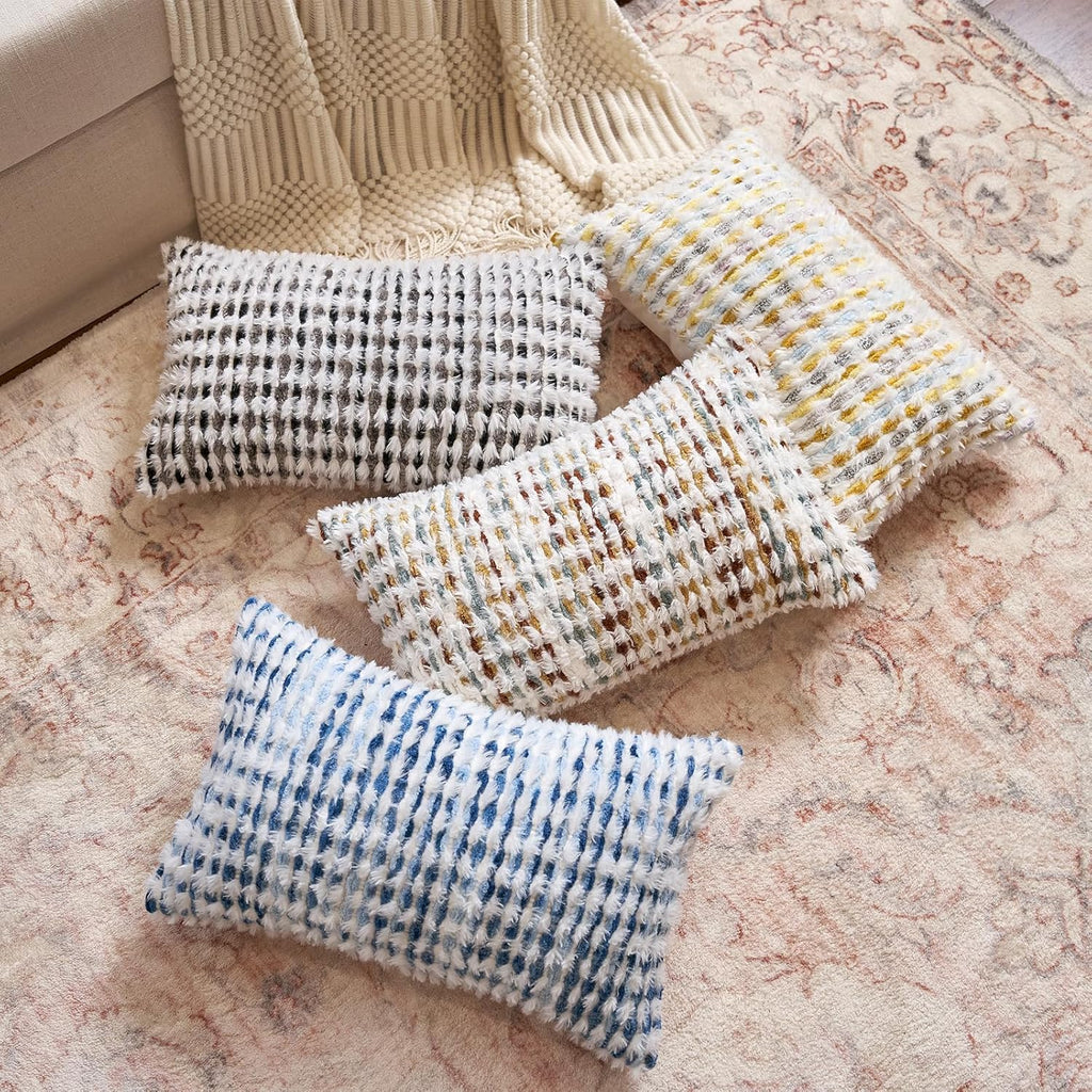 Aeckself Boho Chenille Tufted Pillow Cover 12x20 Inch, Rectangle Decorative Lumbar Throw Pillow Cover Neutral Pillowcase for Couch Bedroom Living Room, Blue White