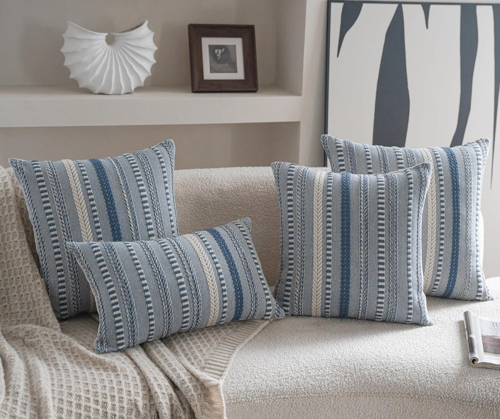 Boho Throw Pillow Covers 18x18 Inch Set of 2, Farmhouse Decorative Couch Pillow Cases, Blue Accent Pillows of Bed, Sofa Bedroom Living Room Home Decor Cushion Cover