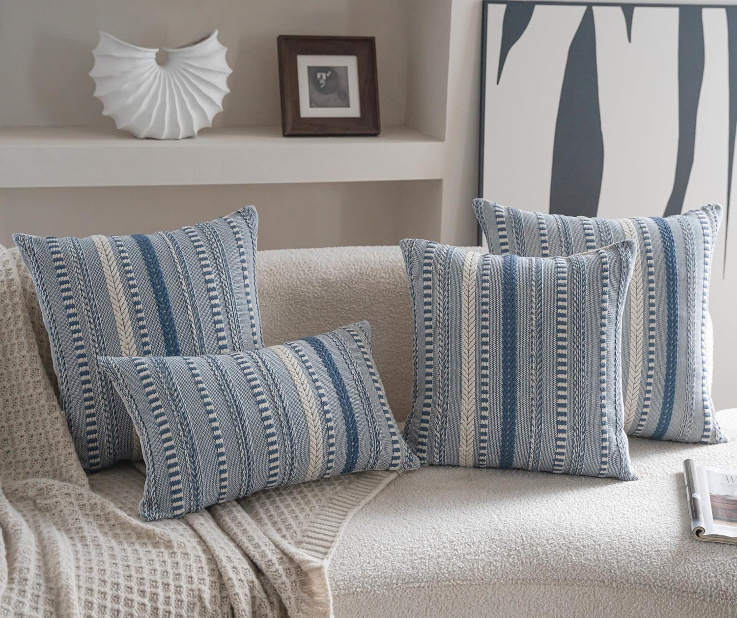 Boho Throw Pillow Covers 18x18 Inch Set of 2, Farmhouse Decorative Couch Pillow Cases, Blue Accent Pillows of Bed, Sofa Bedroom Living Room Home Decor Cushion Cover