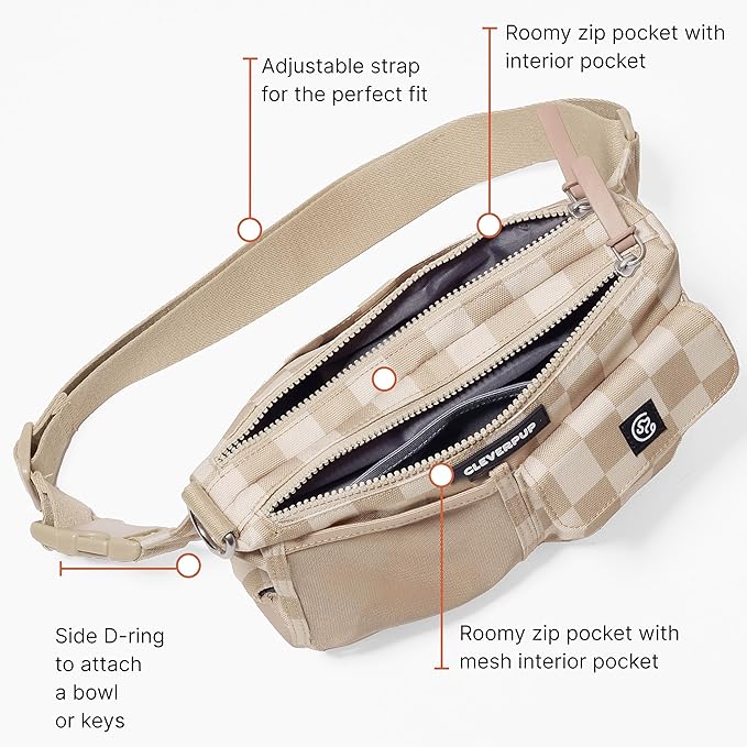 Dog Walk & Train Sling Bag - Hands-Free 2-In-1 Treat Pouch, Poop Bag Holder, Clicker, Phone Pocket - Crossbody/Fanny Pack, Adjustable Strap - Checkerboard