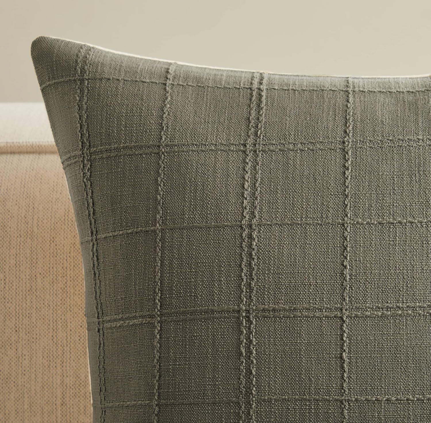 ZeeMart Linen Checked Throw Pillow Covers Set of 2, 20x20 Inch Olive/Cream, Farmhouse Decorative Single Sided Grid Embroidered Couch Pillow Cases Green Cotton Linen Cushion Covers