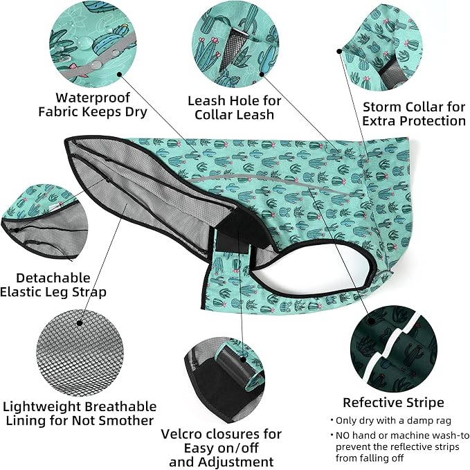 Mile High Life Dog Raincoat, Adjustable Waterproof Reflective Rain Jacket for Small Medium Large Dogs, Lightweight Breathable Pet Rain Coat with Leash Hole(Green Cactus,XXS Chest 16-19")