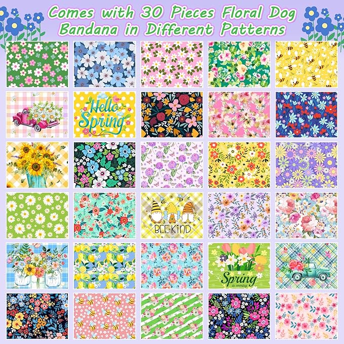 30 Pcs Spring Summer Dog Bandanas Bulk Floral Pet Scarves Bibs Adjustable Puppy Bandanas Girl Washable Flower Puppy Grooming Bandana for Small Medium Large Breed Dog Cat Pet Grooming Accessories