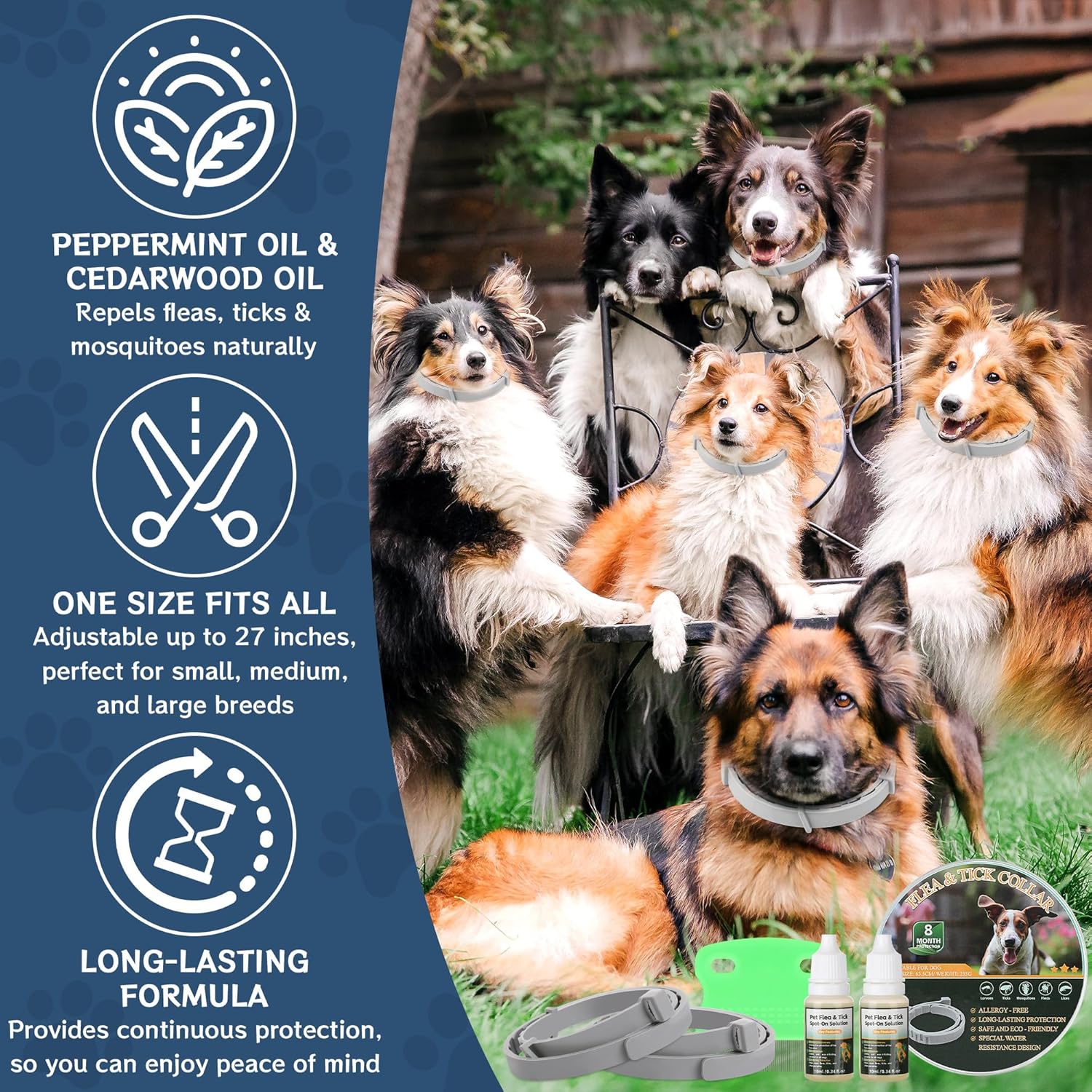 4 Pack Flea & Tick Prevention for Dogs Collar with Natural Essential Oils, Waterproof Adjustable Dog Flea and Tick Prevention Collar for Dogs, 8 Months Prevention