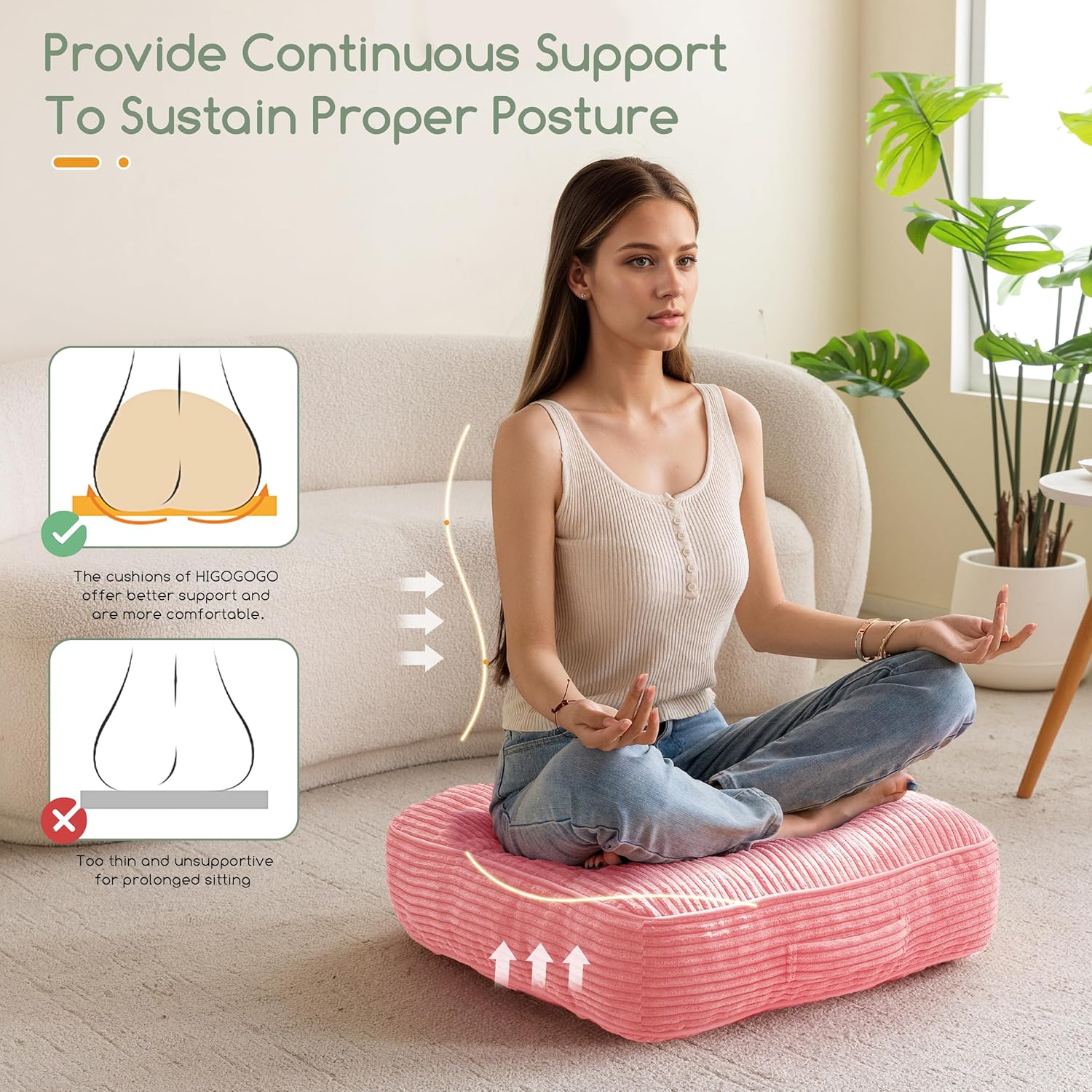 6" Washable Floor Pillow Cushion for Adults, Meditation Cushion Pillow, Large Square Floor Sitting, Removable Tufted Corduroy Cover, for Tatami Living Room or Yoga, 22x22 Inch, Machine Washable