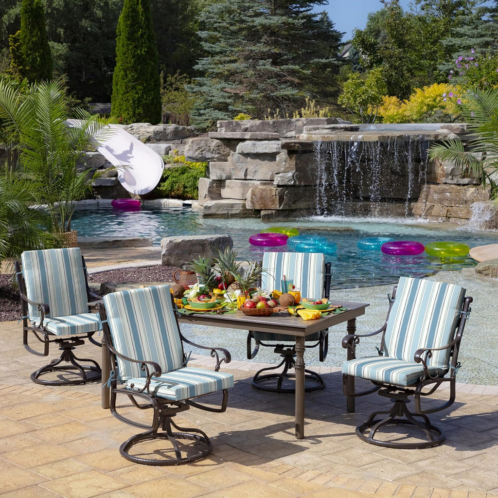 Arden Outdoor Midback Chair Cushion, 18 x 16.5, Rain-Proof, Fade Resistant French Blue Linen Stripe