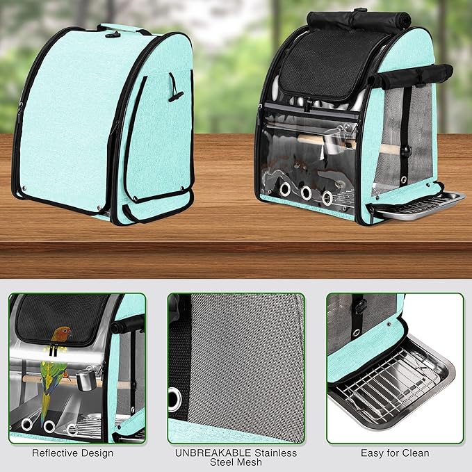 SUERTREE Bird Carrier Bag with Indestructible Stainless Steel Mesh, Bird Travel Cage with Stand, Easy to Clean Backpack for Parrot, Portable Bird Travel Bag, Green