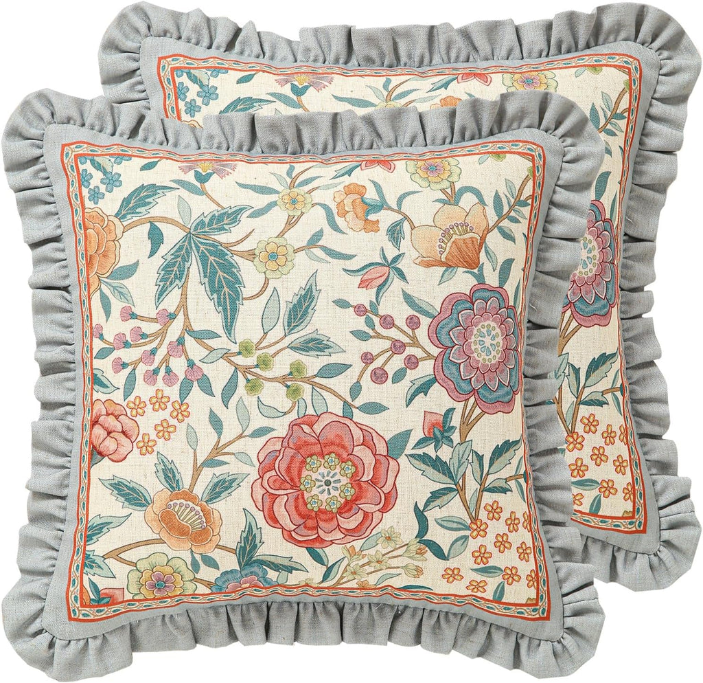 Floral Throw Pillow Covers Set of 2,Cottage Rustic with Blooming Flower Pattern Linen Pillowcases,Decorative Square Pillows Cushion Covers for Couch Sofa Bed Chair Car,18x18 Inches