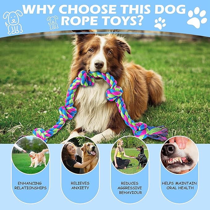 Dog Rope Toys for Large Medium Dog Chewers, Rope Indestructible Dog Chew Toys, 37 Inch 5 Knots Tough Dog Tug Toy for Teeth Cleaning, Tug of War
