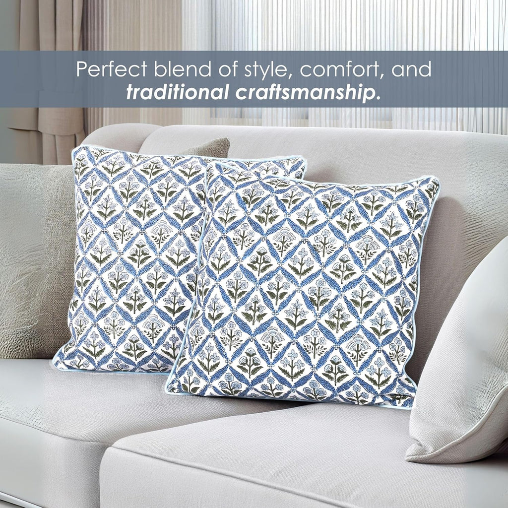 SheetKart Block Print Pillow Cover - Cotton Throw Pillow Covers for Boho Decorative Couch, Living Room, Bohemian Theme Gifts, Floral Blue - 18 x 18 Inches - Set of 2