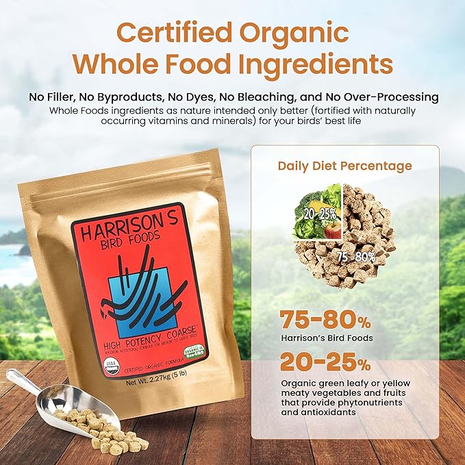 Harrison's Bird Foods High Potency Coarse—Maximum Nutritional Formula for Medium to Large Birds, Certified Organic Non-GMO Pet Bird Food, Vet-Developed, Suitable for All Life Stages, 2.27 kg/ 5 lb