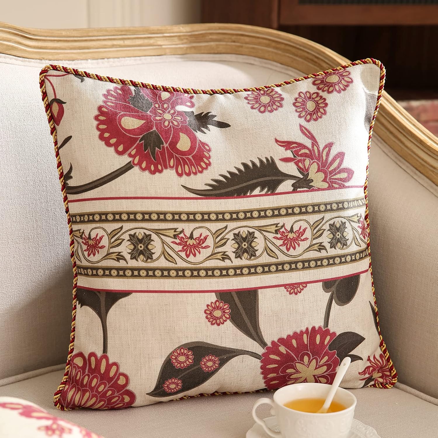 patdrea Designer Throw Pillow Covers,Vintage Red Pillowcases with Leaves and Flower Pattern Pillows Cover for Couch,Linen Decorative Square Cushion for Bed Living Room Outdoor Car,18X18 Inches