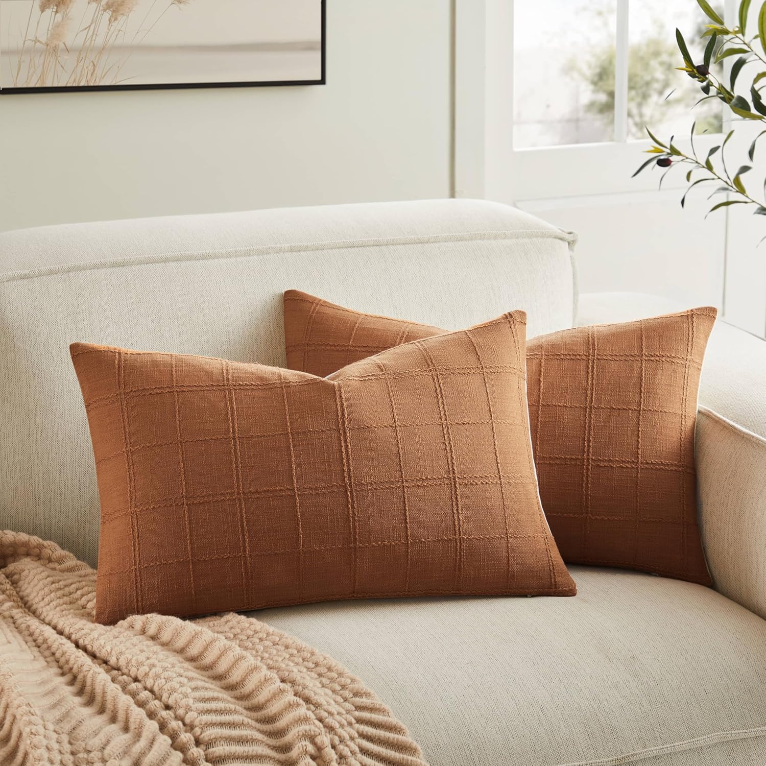 ZeeMart Linen Checked Lumbar Throw Pillow Covers Set of 2, 12x20 Inch Caramel/Cream, Farmhouse Decorative Single Sided Grid Embroidered Couch Pillow Cases Burnt Orange Cotton Linen Cushion Covers