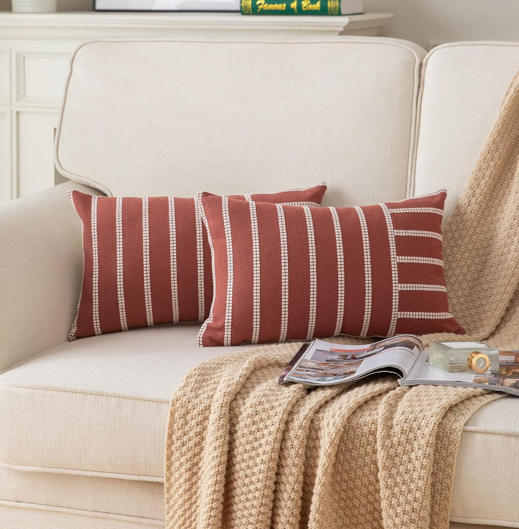 Caflife Boho Fall Throw Pillow Covers 12x20 Set of 2 Soft Farmhouse Decorative Couch Pillow Cases Rust Striped Pillow Covers Neutral Cushion Covers for Sofa Bed Living Room Home Decor
