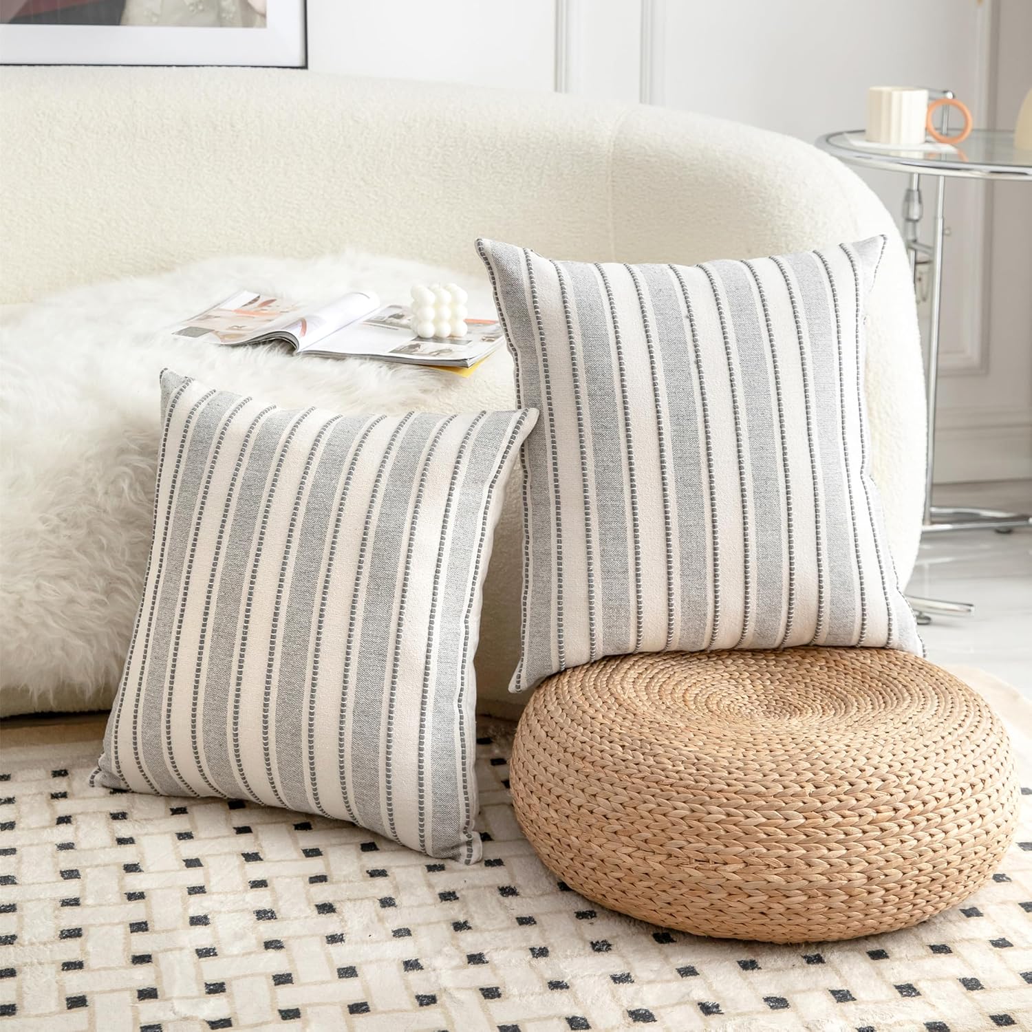 Decorative Boho Throw Pillow Covers, Farmhouse Textured Pillow Case, 22 x 22 Inch Set of 2, Chair Sofa Bedroom Living Room Home Decor Couch Cushion Case, Grey and Beige Striped