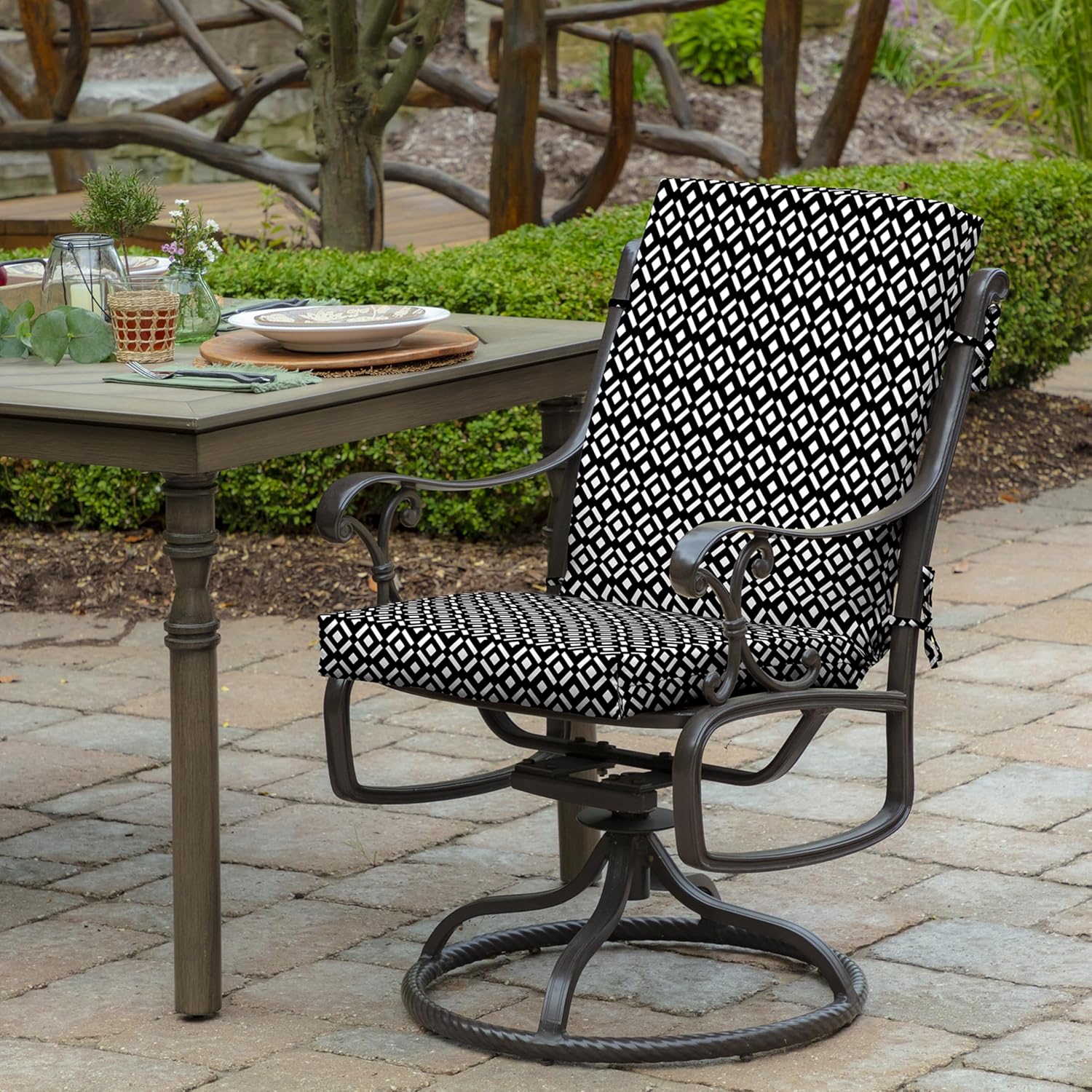 Arden Outdoor Midback Chair Cushion, 18 x 16.5, Rain-Proof, Fade Resistant Black Demi Tile
