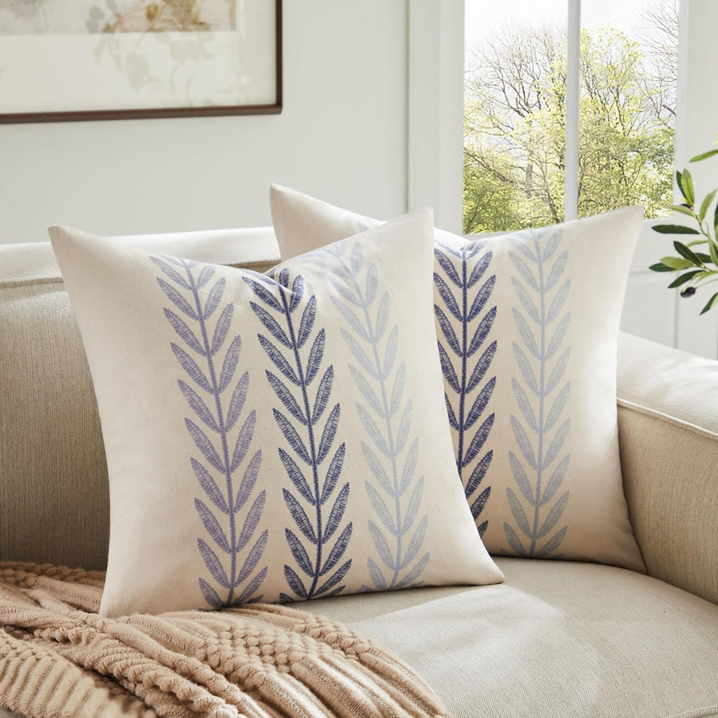 100% Cotton Farmhouse Leaves Throw Pillow Covers Set of 2, 16x16 Inch Mixed Blue Pastoral Decorative Print Cushion Covers for Sofa Bed Living Room Home Decor