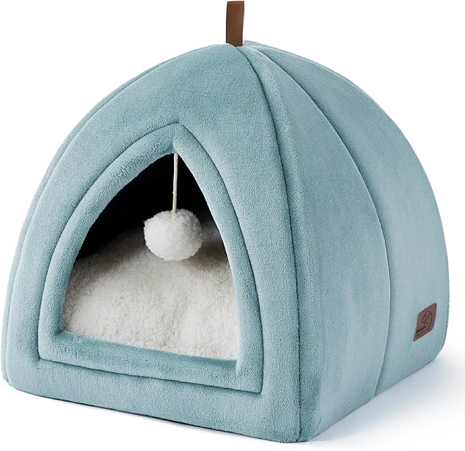 Bedsure Cat Beds for Indoor - 2 in 1 Cat Cave House Tent for Kittens and Small Pets with Removable Washable Cushioned Pillow, Foldable Kitten Hideaway with Non-Slip Bottom, Ocean Blue, 16 inches