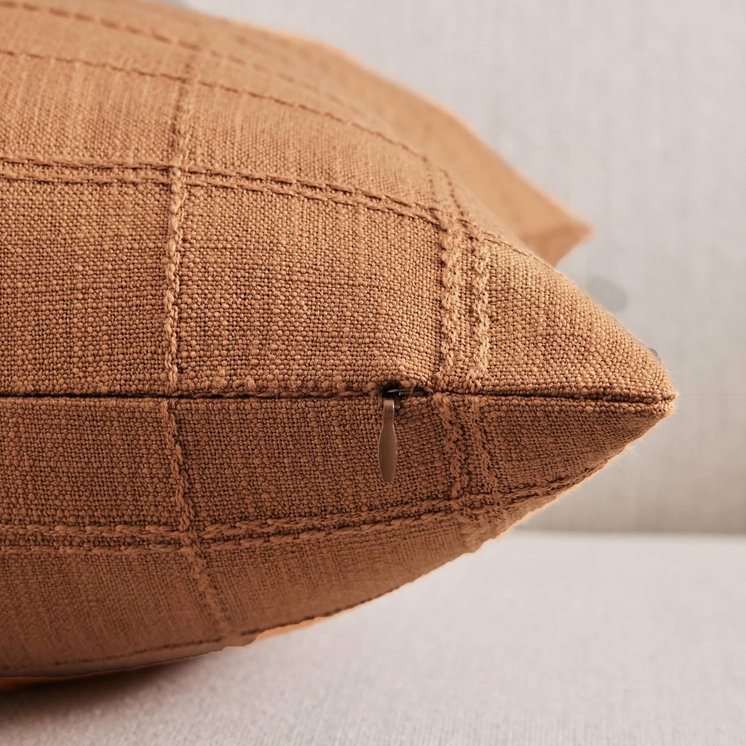 ZeeMart Linen Checked Throw Pillow Covers Set of 2, 18x18 Inch Allover Grid Caramel, Farmhouse Decorative Double Sided Grid Embroidered Couch Pillow Cases Burnt Orange Cotton Linen Cushion Covers