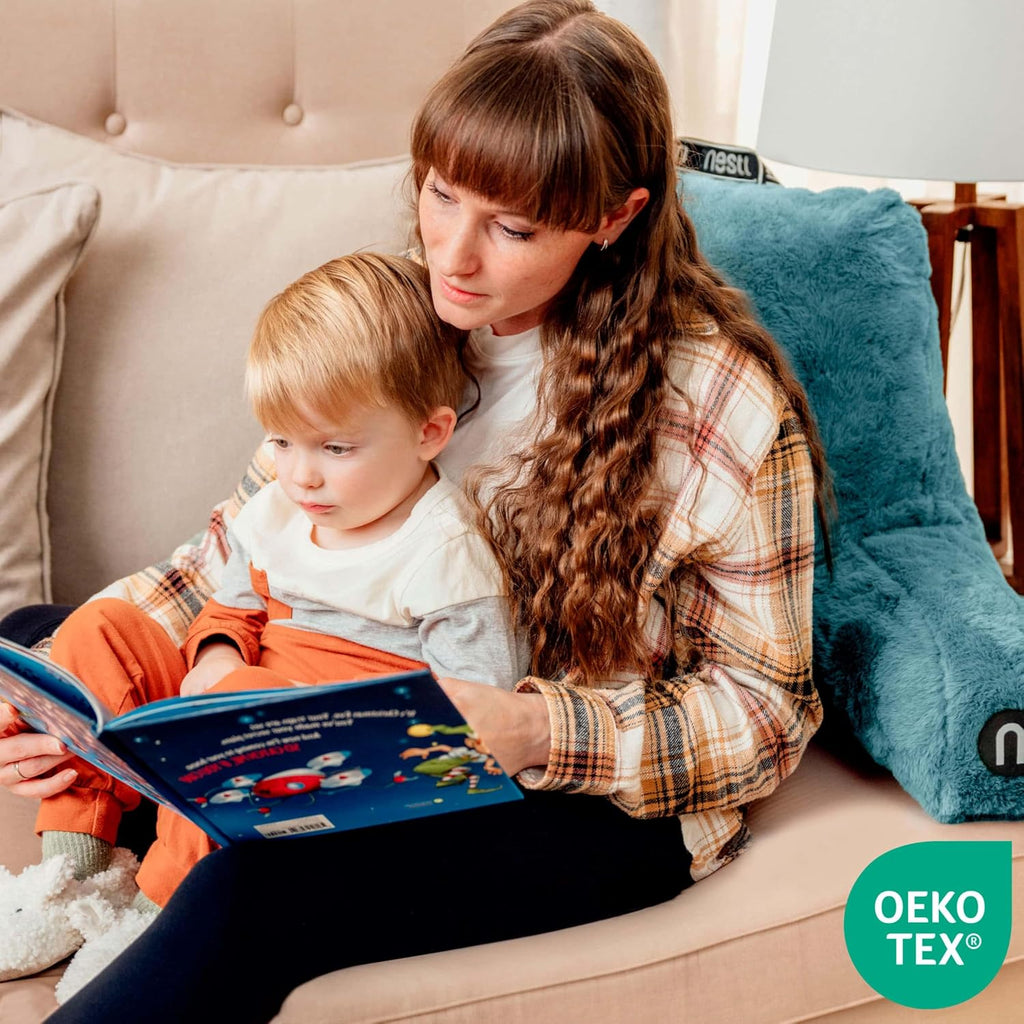 Nestl Fur Reading Pillow, Stylish Back Pillow for Bed Sitting Up, Faux Fur Bed Chair Pillow with Arms, Reading Pillows for Sitting in Bed Adult & Kids, Back Support Pillow for Bed Rest - Stone Blue