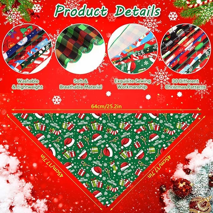 30 Pcs Christmas Dog Bandanas Bulk Adjustable Triangle Dog Scarves Bibs Xmas Puppy Bandanas Pet Neckerchief Washable Holiday Dog Bandana for Christmas Party Small Medium Large Dog Pet Grooming