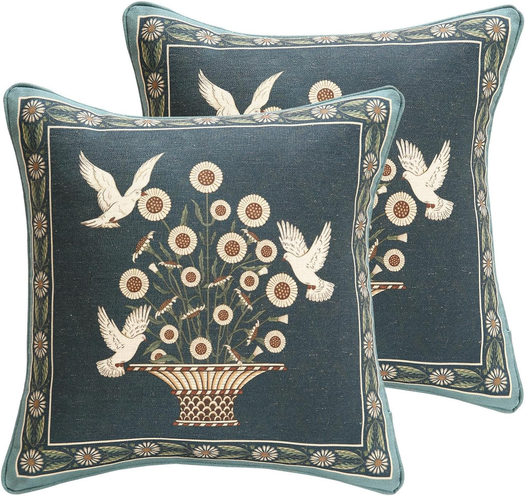 Green Throw Pillow Covers Set of 2,French Farmhouse with White Birds and Flowers Pattern Linen Pillowcases,Decorative Square Pillows Cushion Covers for Couch Sofa Bed Chair,18x18 Inches