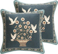 Green Throw Pillow Covers Set of 2,French Farmhouse with White Birds and Flowers Pattern Linen Pillowcases,Decorative Square Pillows Cushion Covers for Couch Sofa Bed Chair,18x18 Inches