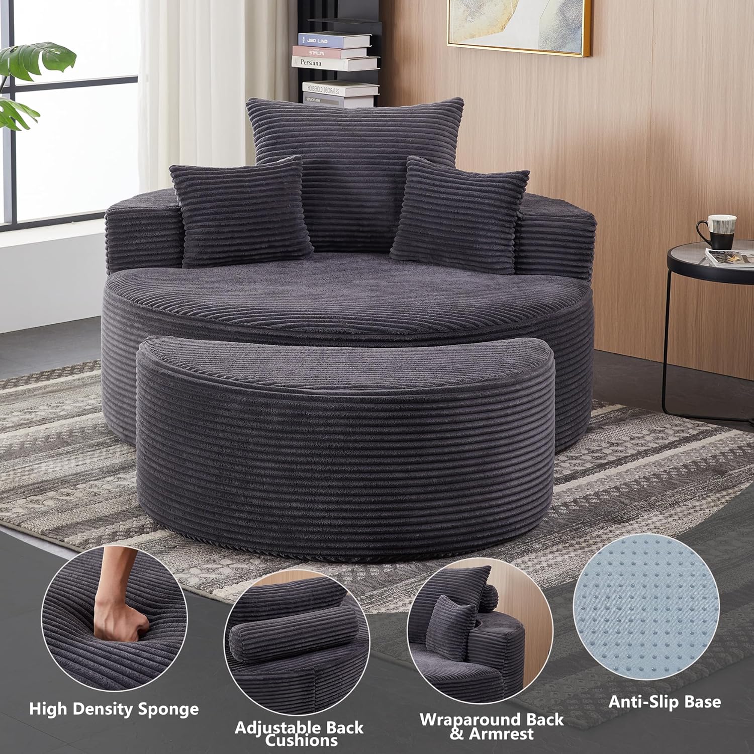 55.11" W Oversized Round Chaise Lounge Chair, Deep Seat Corduroy Cloud with Pillows, Moveable Ottoman and Blanket– Comfy Circle Loveseat Sofa Chair for Living Room or Bedroom (Grey)