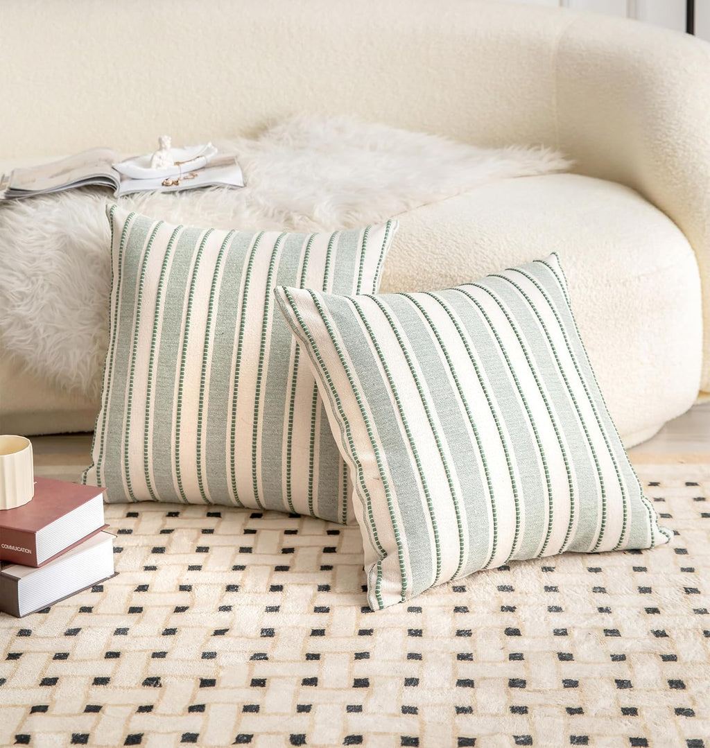 Decorative Boho Throw Pillow Covers, Farmhouse Textured Pillow Case, 18 x 18 Inch Set of 2, Chair Sofa Bedroom Living Room Home Decor Couch Cushion Case, Green and Beige Striped
