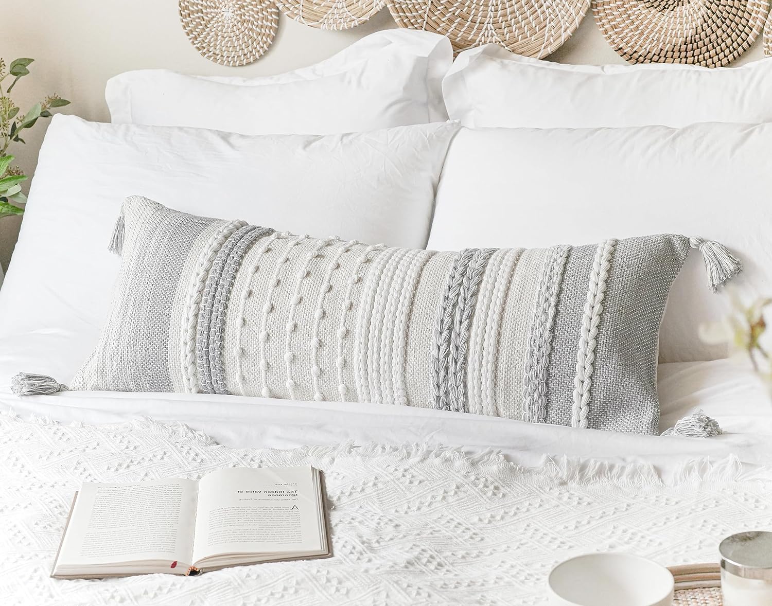 BlissBlush Gray Decorative Lumbar Pillow Cover 14x36, Grey Boho Long Body Pillow for Bed, Farmhouse Lumbar Throw Pillow for Couch, Modern Accent Textured Throw Pillowcase