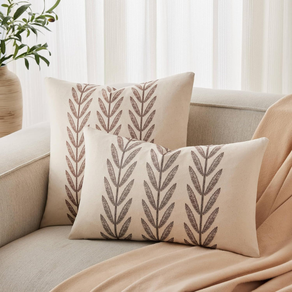 100% Cotton Farmhouse Leaves Lumbar Throw Pillow Covers Set of 2, 12x20 Inch Chocolate Pastoral Decorative Print Cushion Covers for Sofa Bed Living Room Home Decor