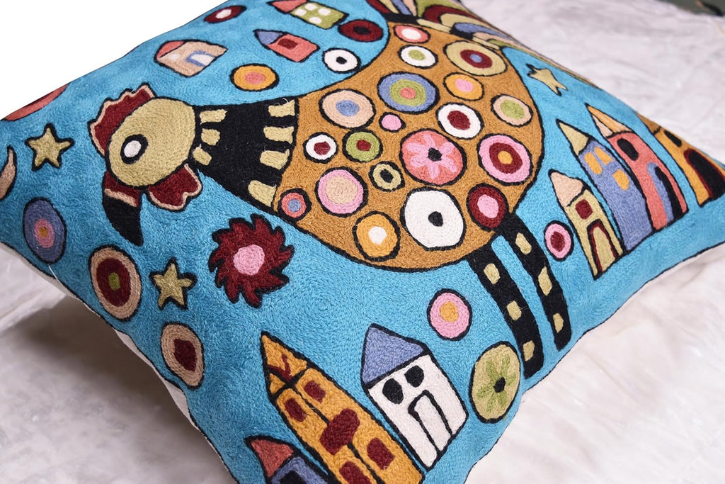Turquoise Rooster Accent Pillow Cover Bird Cockerel Decorative Pillowcase Karla Gerard Farmhouse Sofa Cushions Hand Embroidered Wool 18x18 Inch