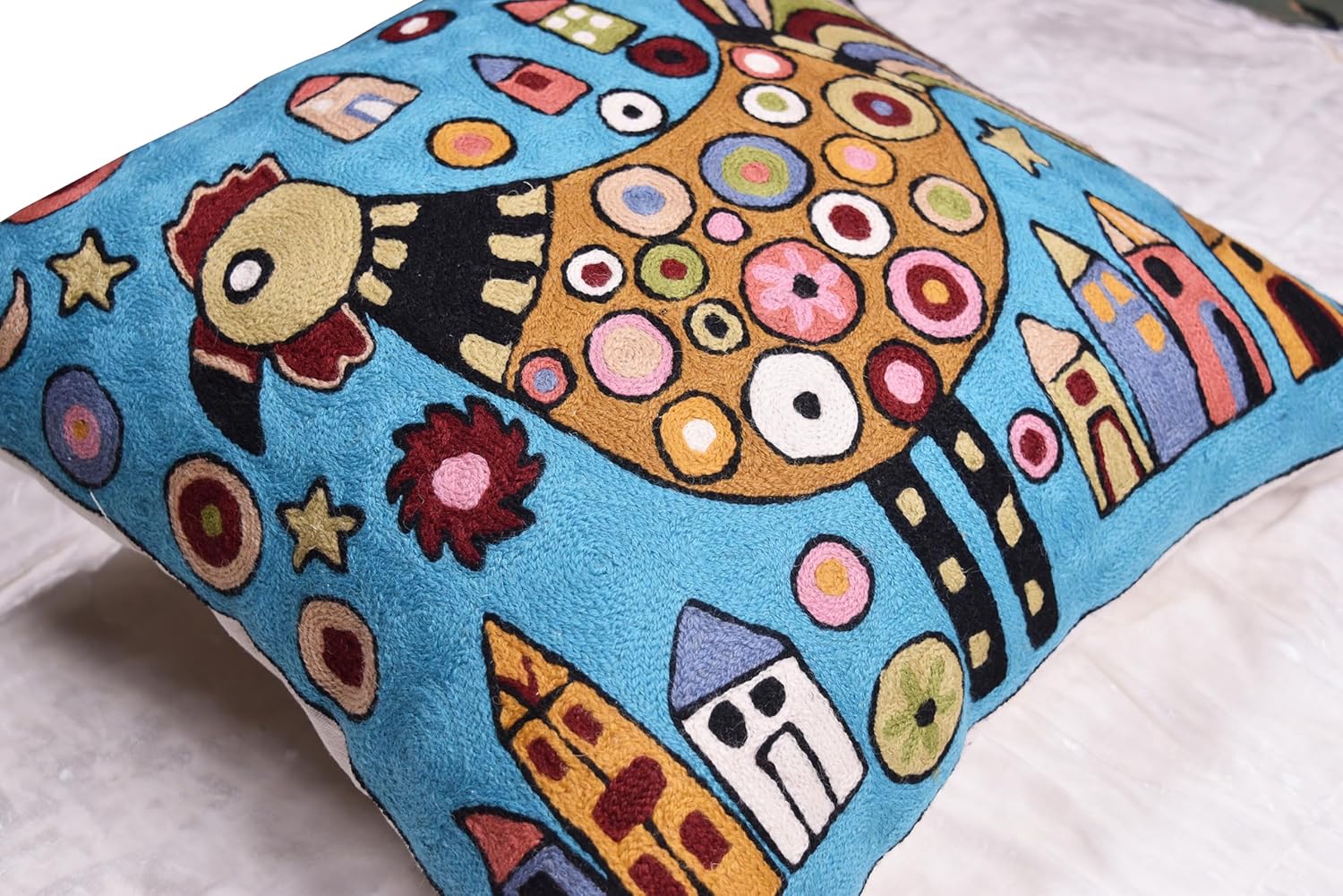 Turquoise Rooster Accent Pillow Cover Bird Cockerel Decorative Pillowcase Karla Gerard Farmhouse Sofa Cushions Hand Embroidered Wool 18x18 Inch