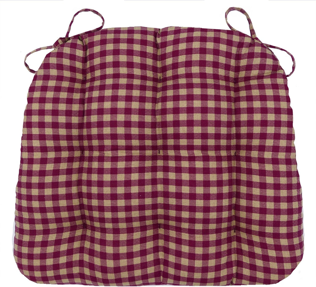 Barnett Home Decor Farmhouse Check Dark Red & Tan Dining Chair Pad with Ties - 19 x 19 Size Large Chair Cushion - Latex Foam Fill - 100% Cotton, Made in USA - Machine Washable (Dark Red & Tan)
