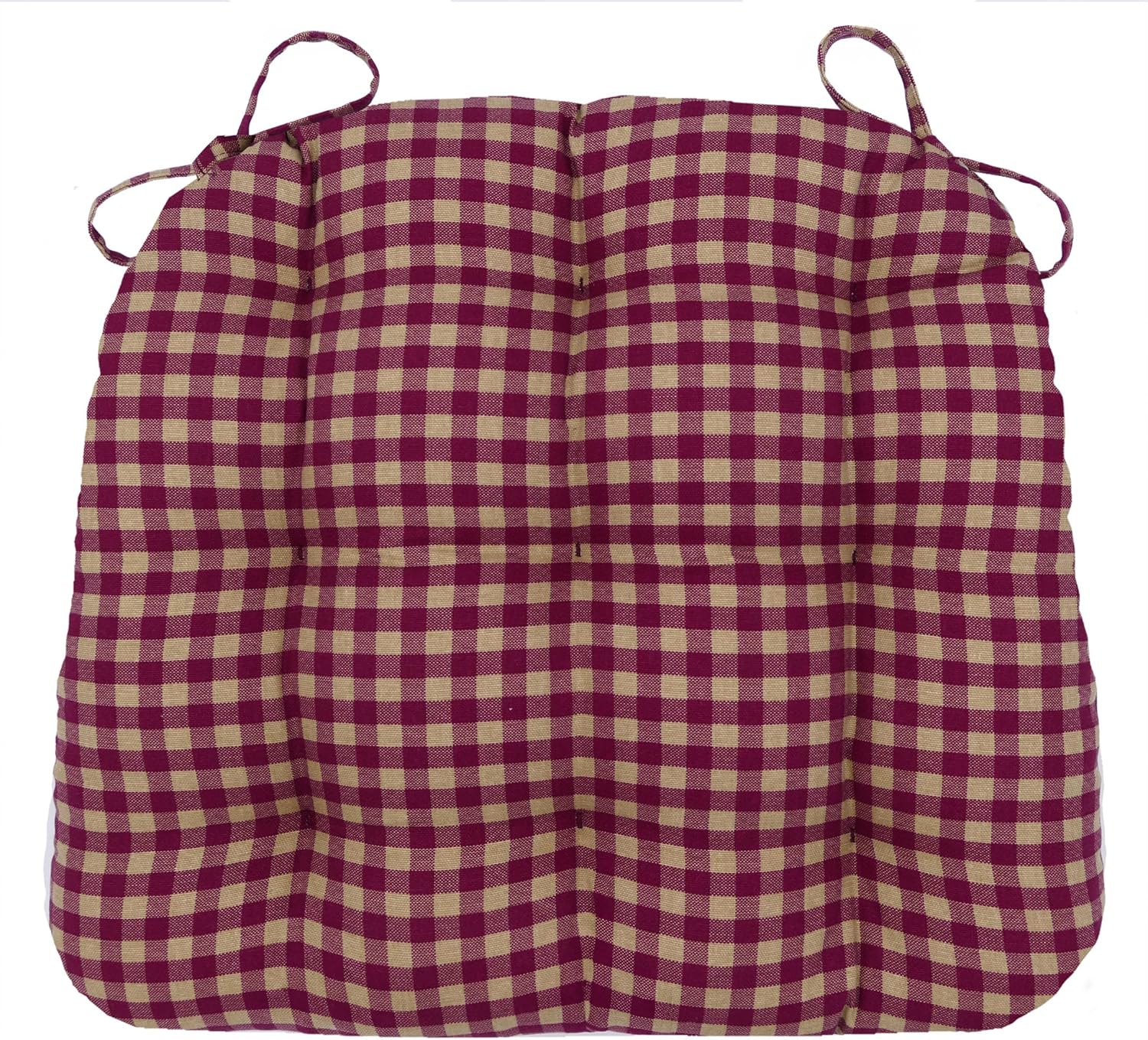 Barnett Home Decor Farmhouse Check Dark Red & Tan Dining Chair Pad with Ties - 19 x 19 Size Large Chair Cushion - Latex Foam Fill - 100% Cotton, Made in USA - Machine Washable (Dark Red & Tan)
