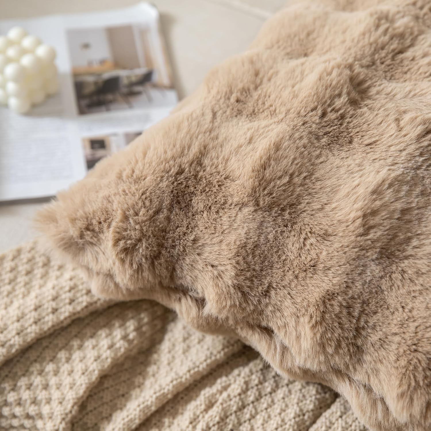 Pack of 2 Thick Plush Throw Pillow Covers Fluffy Wave Faux Fur Decorative Cushion Covers Soft Wool Pillowcase for Sofa Couch Livingroom 22x22 Inch Camel