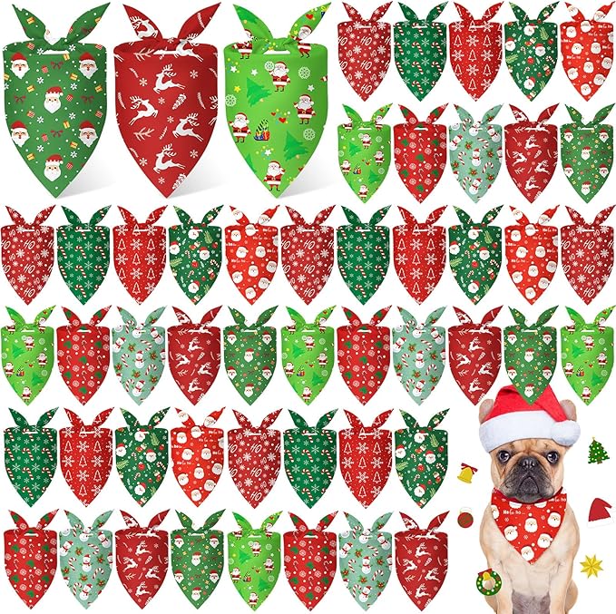 Weewooday 50 Pcs Christmas Bandanas for Dogs Xmas Bandanas Bulk with Santa Snowflake Candy Cane Soft Bibs Adjustable Triangle Doggie Scarf for Small Medium Large Pet (25.6 x 17.7 x 17.7 Inch)