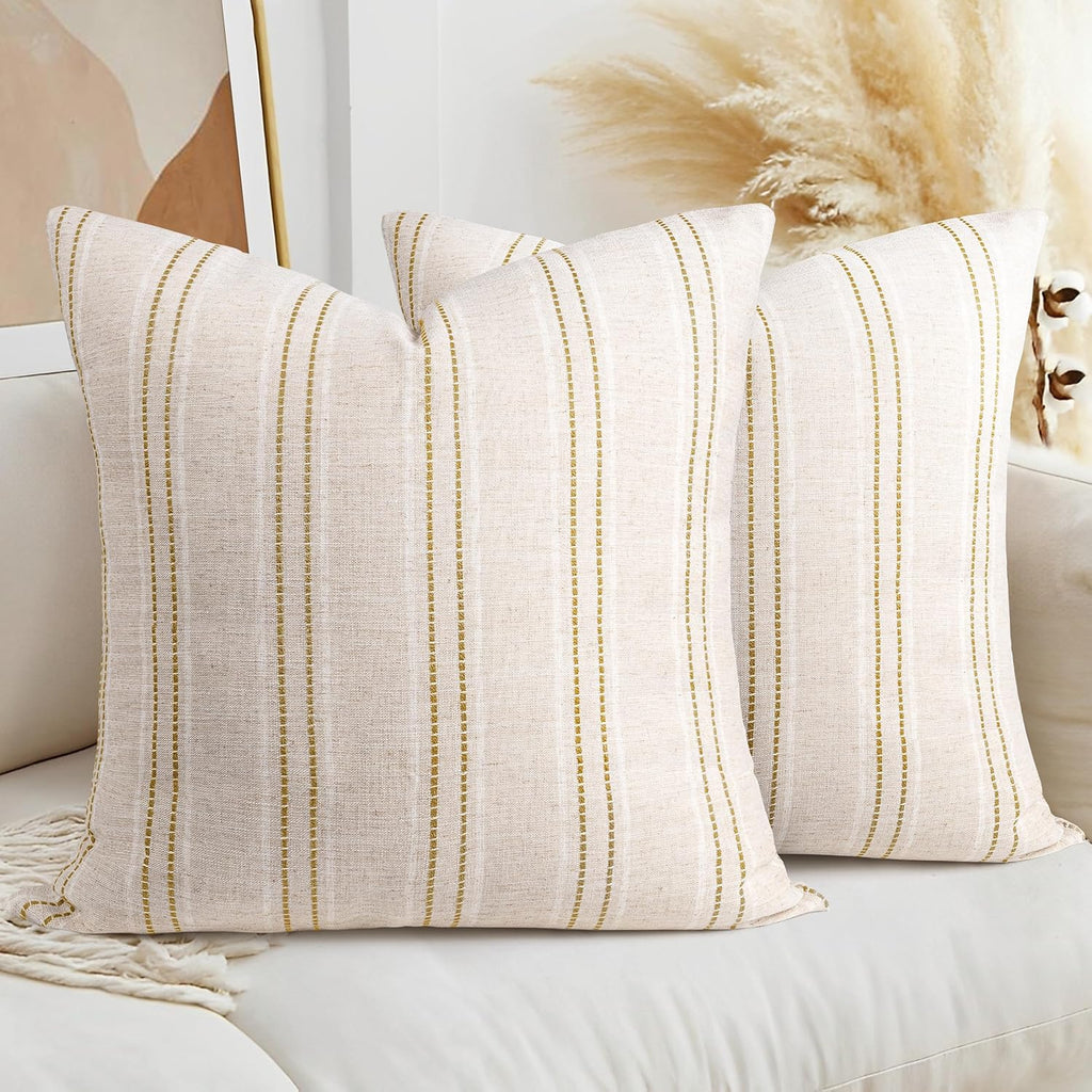 AELS 26x26 Decorative Farmhouse Linen Throw Pillow Covers, Boho Textured Pillow Case, Set of 2, Beige with White & Brown Stitch Yarn Dyed Stripe Cushion Cover for Sofa Couch Living Room (Cover ONLY)