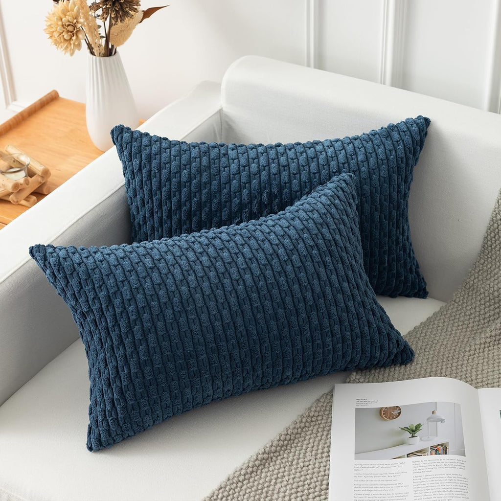 Kevin Textile 12x20 Inch Pillow Cover 1 Pack Boho Decorative Soft Striped Corduroy Lumbar Farmhouse Solid Color Accent Rectangle Cushion Case for Living Room Couch Sofa Bed, Blue
