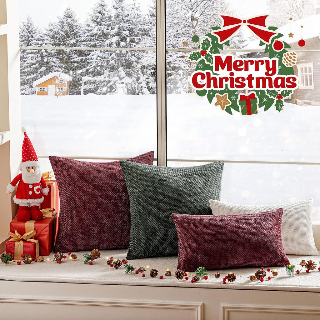 a moment Christmas Wine Red Chenille Throw Pillow Covers 16x16 Inch Pack of 2 Modern Decorative Throw Pillow Covers Farmhouse Cross Covers Home Decor for Sofa Bedroom Living Room