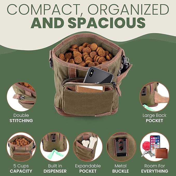 BEAU&FUR Large Dog Treat Pouch with Clicker for Training – 4 Cup Capacity, Built-In Poop Bag Dispenser, Expandable Pocket, Metal Buckle, Large Back Pocket, Ideal Design for Walks and Training – Green