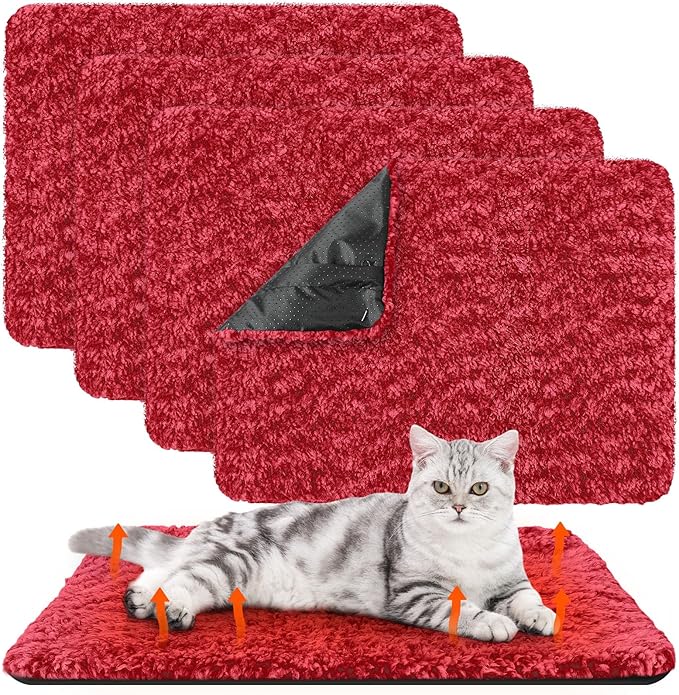 4 Pack Self Warming Cat Bed Indoor Self Heating Dog Cat Pad Washable Thermal Pet Kennel Pad Crate Bed Mat Reflect Body Heat for Outdoor (Red,16 x 20 Inch)