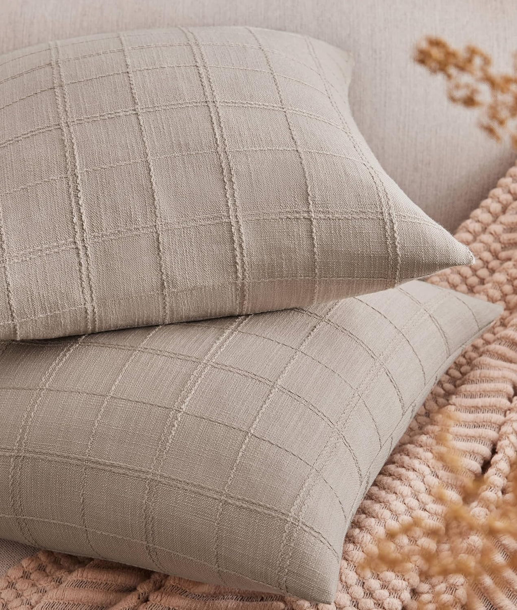 ZeeMart Linen Checked Throw Pillow Covers Set of 2, 16x16 Inch Allover Grid Taupe, Farmhouse Decorative Double Sided Grid Embroidered Couch Pillow Cases Taupe Cotton Linen Cushion Covers