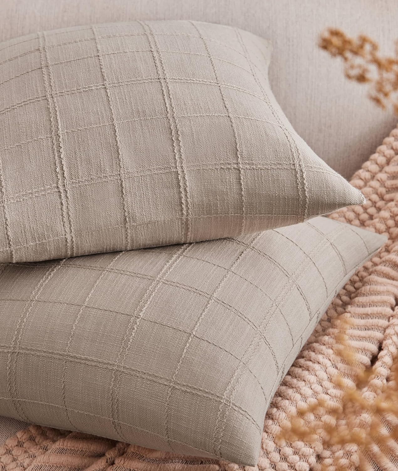 ZeeMart Linen Checked Throw Pillow Covers Set of 2, 24x24 Inch Allover Grid Taupe, Farmhouse Decorative Double Sided Grid Embroidered Couch Pillow Cases Taupe Cotton Linen Cushion Covers