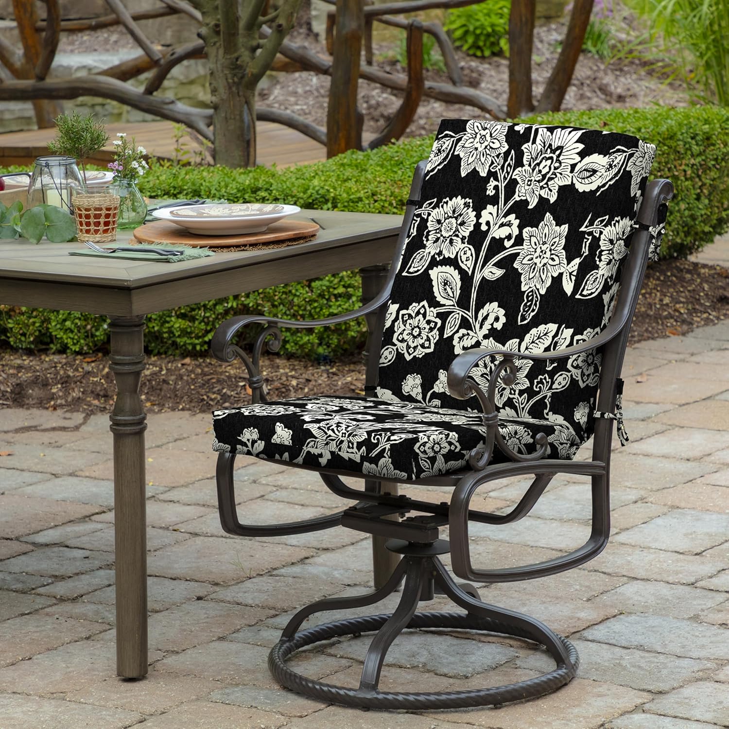 Arden Outdoor Midback Chair Cushion, 18 x 16.5, Rain-Proof, Fade Resistant Ashland Black Jacobean