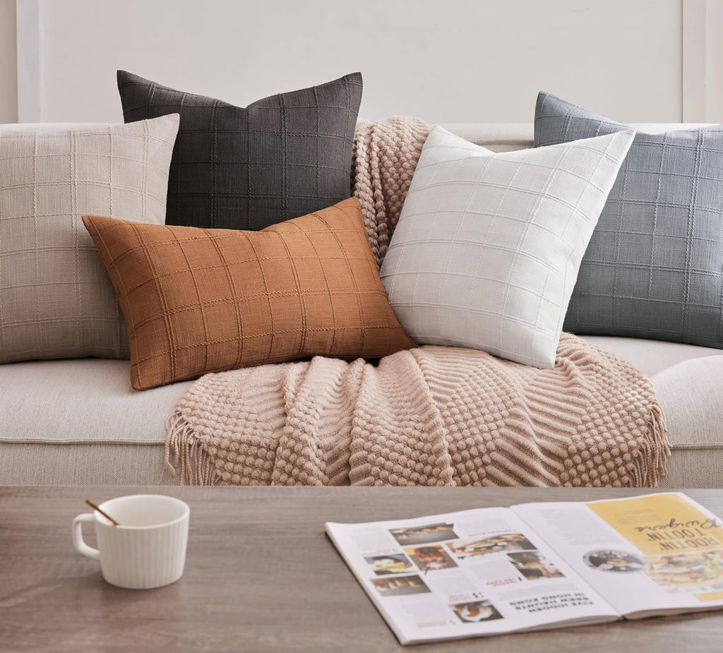 ZeeMart Linen Checked Throw Pillow Covers Set of 2, 24x24 Inch Allover Grid Taupe, Farmhouse Decorative Double Sided Grid Embroidered Couch Pillow Cases Taupe Cotton Linen Cushion Covers