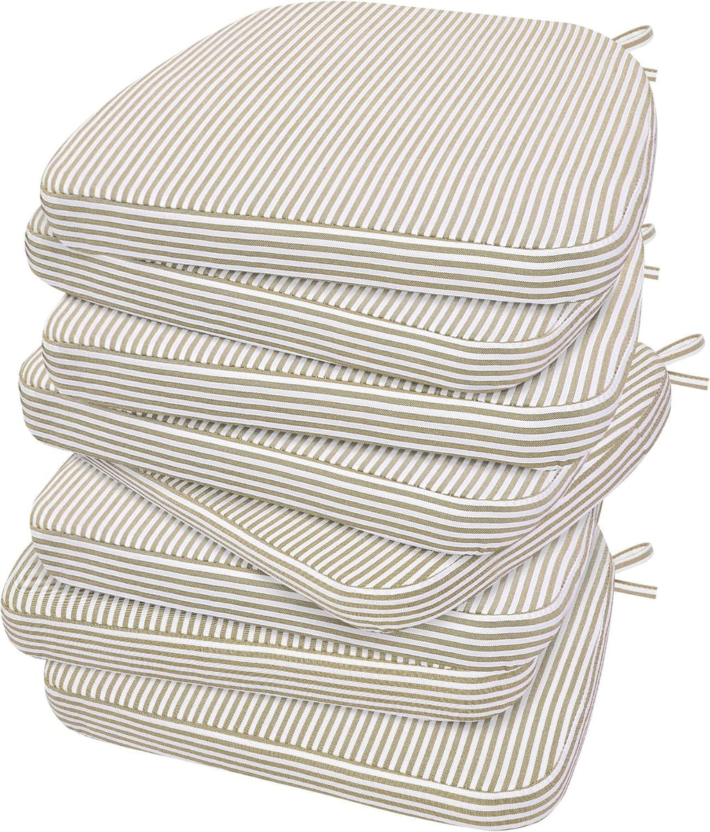 AAAAAcessories D-Shaped Chair Cushions, 2" Thick Dining Chair Pads with Ties and Removable, Machine-Washable Cover, 17" x 16", Set of 8, Natural Sand Pinstripe