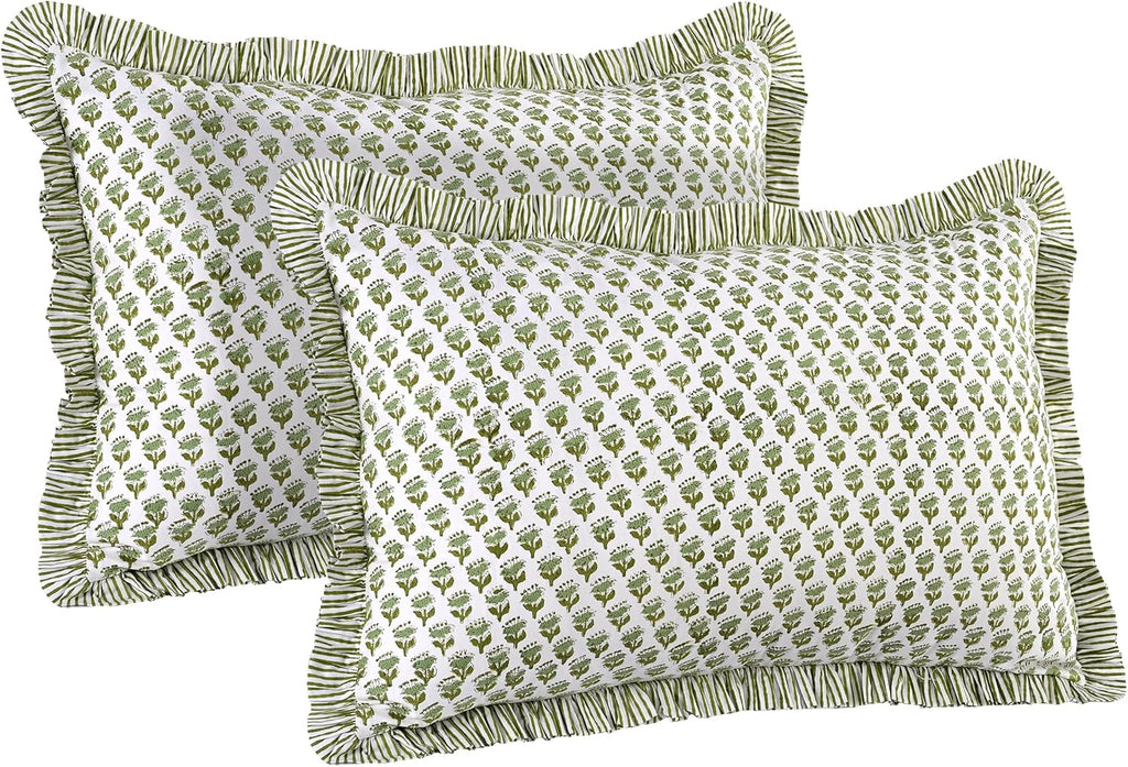CPC Emerald Green 100% Cotton Block Print Ruffle Pillow Cover 20X30 inch Pack of 2, Handmade Boho Floral Pillowcase,Soft Decorative Queen Bed Pillow Cover for Bedroom Décor