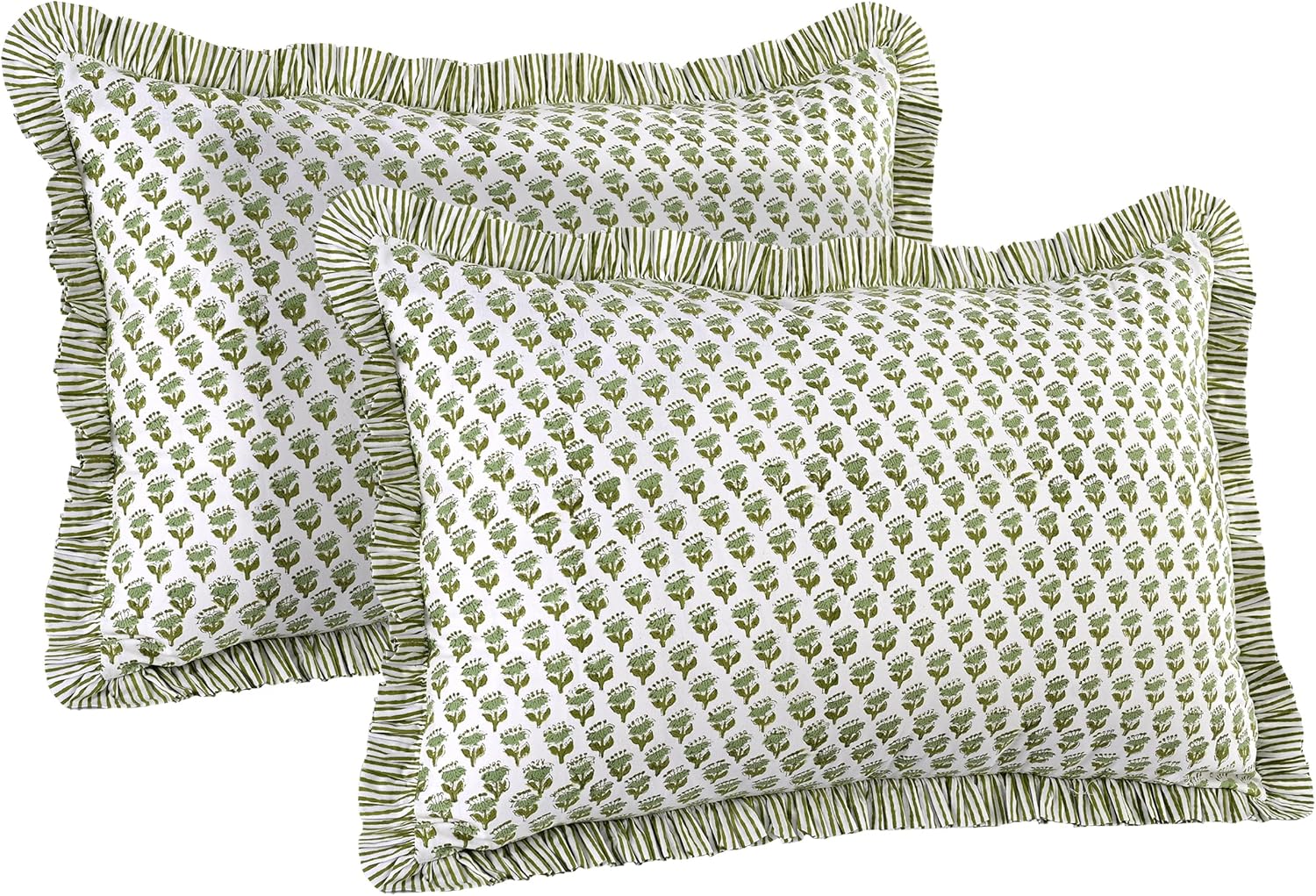 CPC Emerald Green 100% Cotton Block Print Ruffle Pillow Cover 20X30 inch Pack of 2, Handmade Boho Floral Pillowcase,Soft Decorative Queen Bed Pillow Cover for Bedroom Décor
