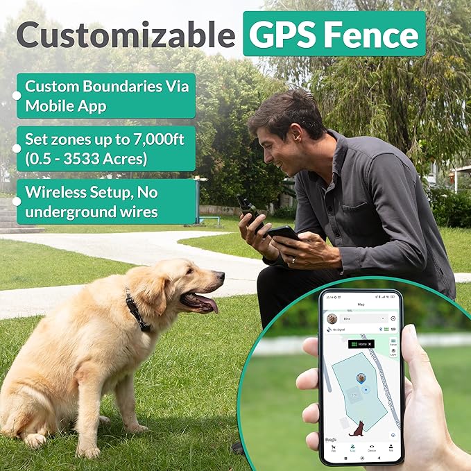 Invisible GPS Wireless Dog Fence System Collar – 2-in-1 Remote or App Controlled Invisible Boundary and Training GPS Dog Collar with 4 Training Modes – Covers up to 7000 Ft (3533 Acres)